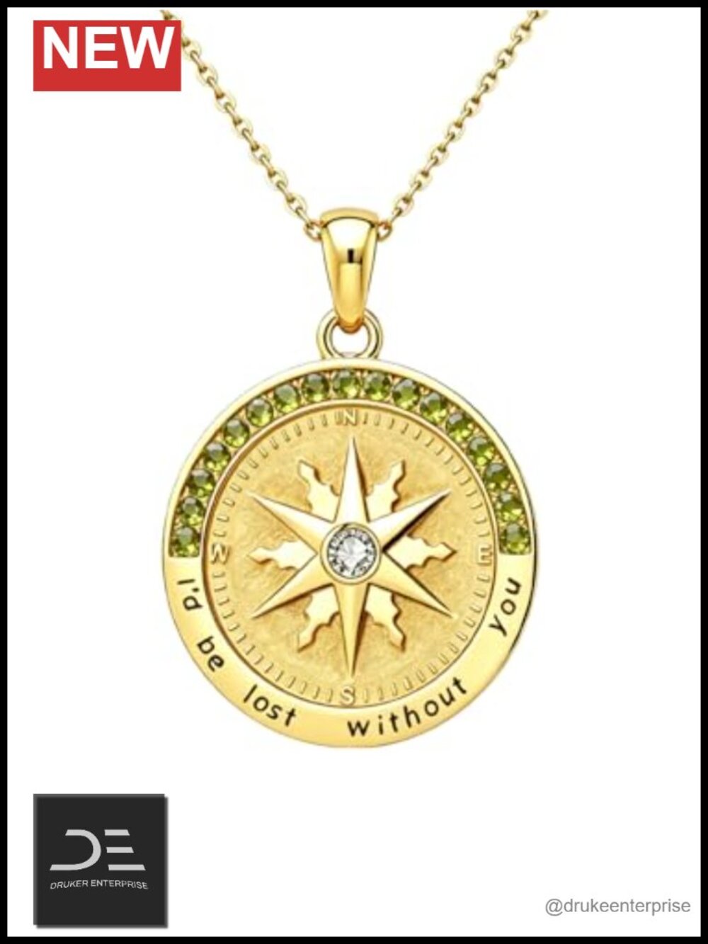 Compass Birthstone Necklace 14K Gold Plated Peridot Graduation Jewelry